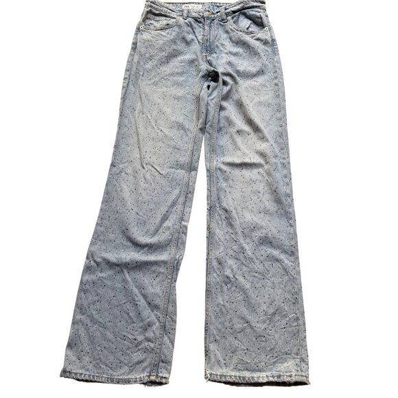Zara Size 6 Light Wash Denim Rhinestone Embellished Distressed Wide Leg Jeans - Picture 1 of 16